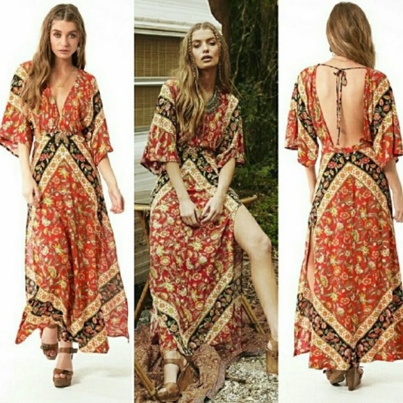 SOLD OUT Red Boho Floral Printed Open Back Maxi Dress - Picture 6 of 6
